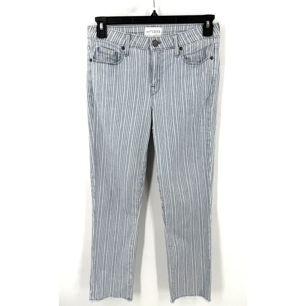 Parker Smith Womens Conductor Striped Raw Hem Jeans Size 29 Blue White